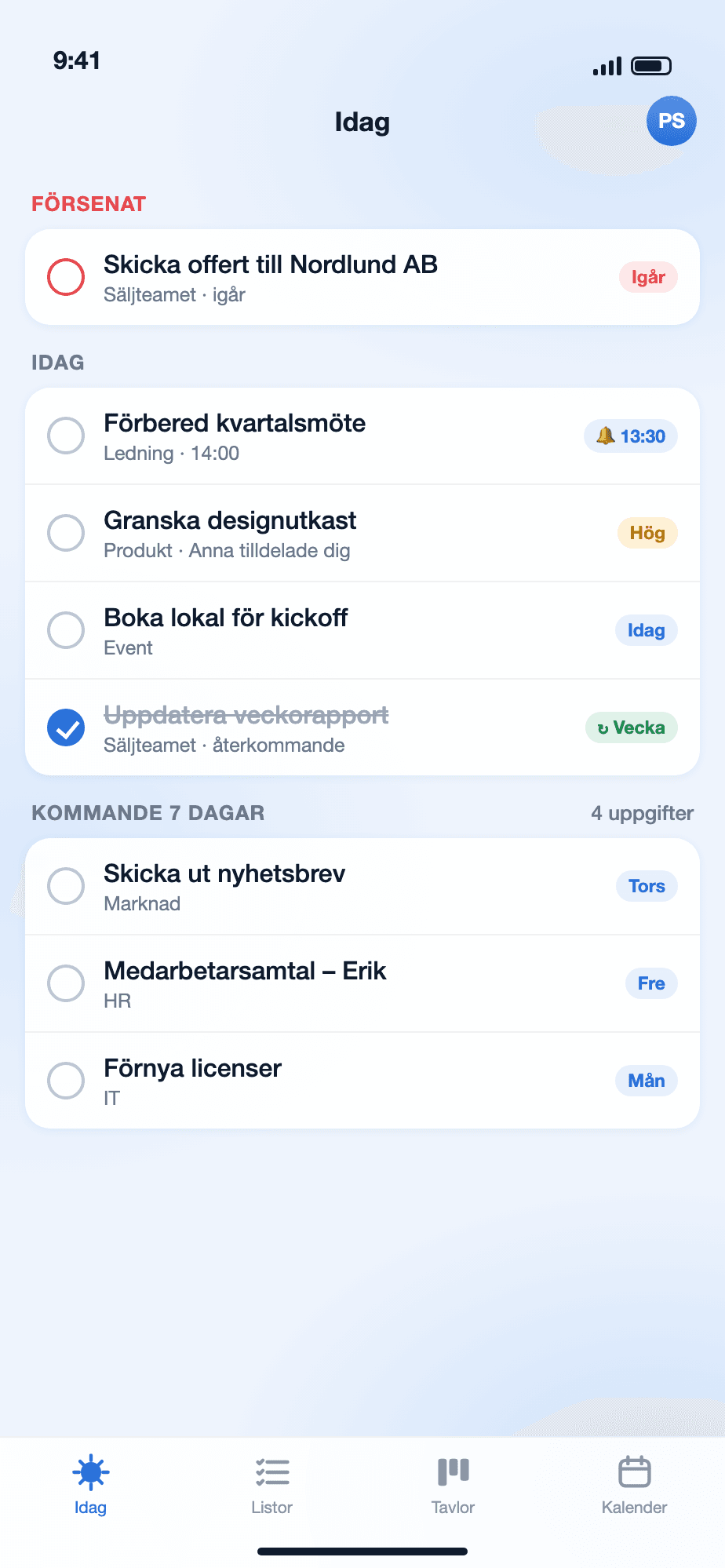 Fliken Idag med försenade och kommande uppgifter