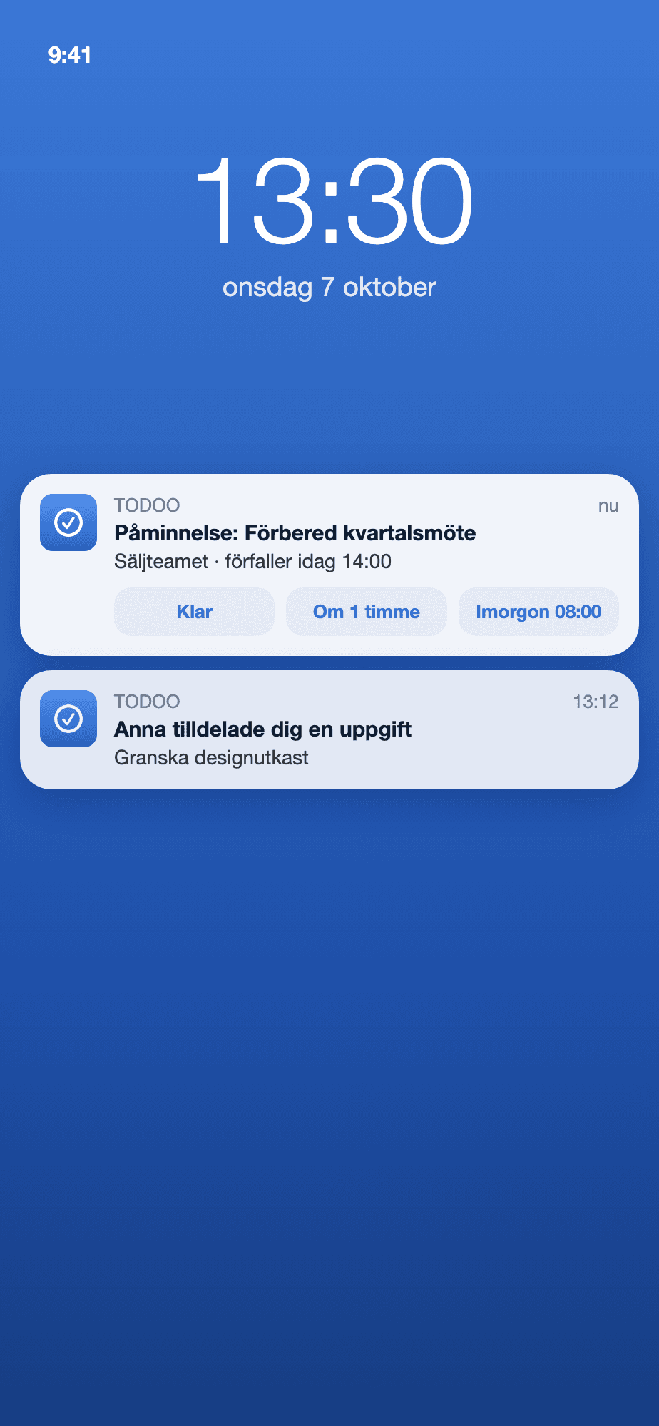Notiser från ToDoo på låsskärmen med snabbknappar