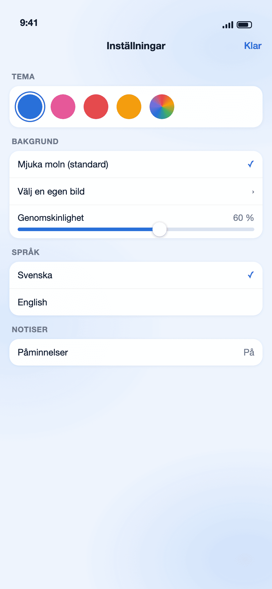 Inställningar med färgtema, bakgrund, språk och notiser