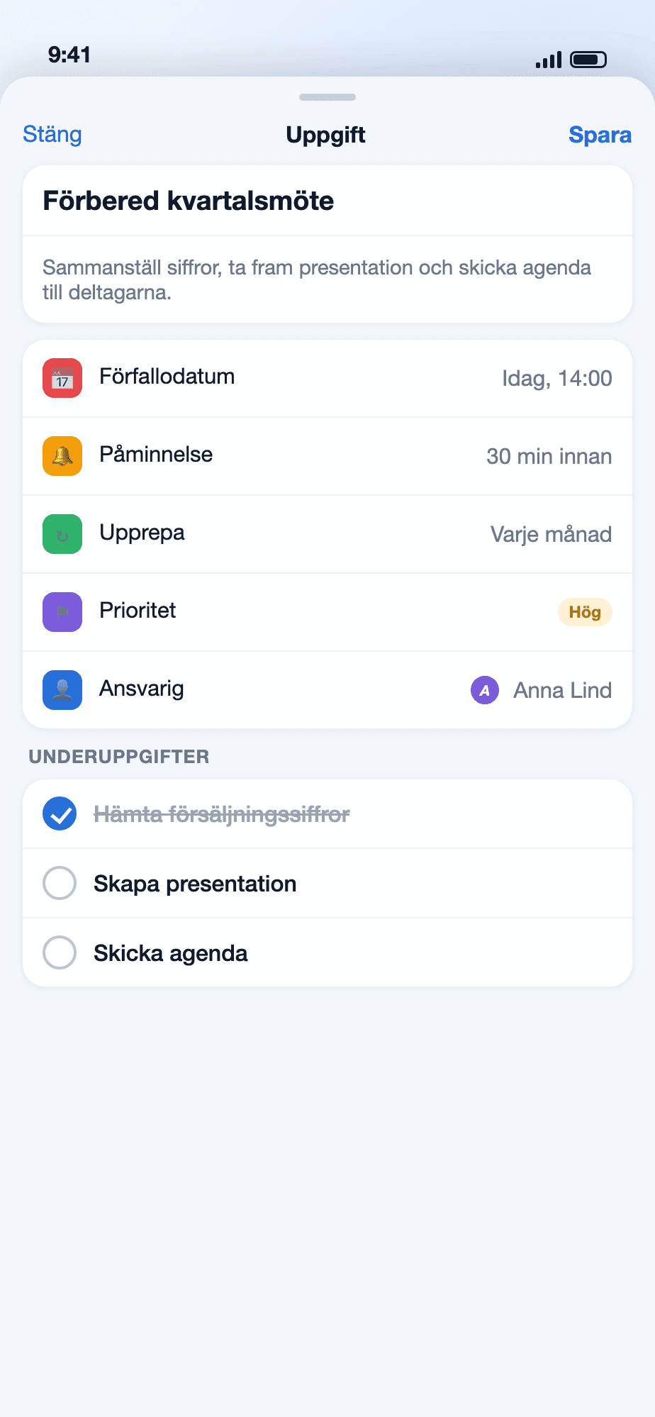 Uppgift med förfallodatum, påminnelse, prioritet och ansvarig